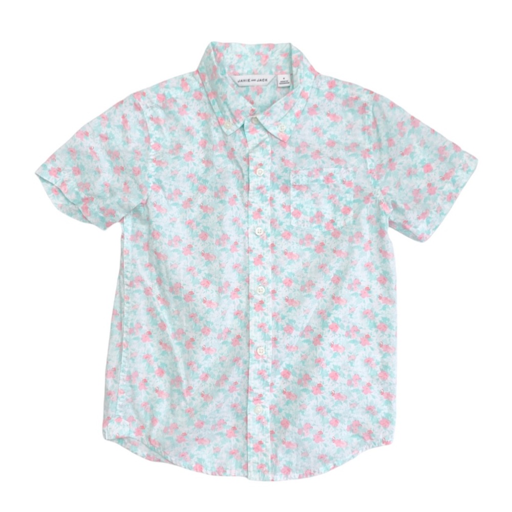 Janie and Jack Tropical Print Button Down Boys Size 4 Short Sleeve Shirt
